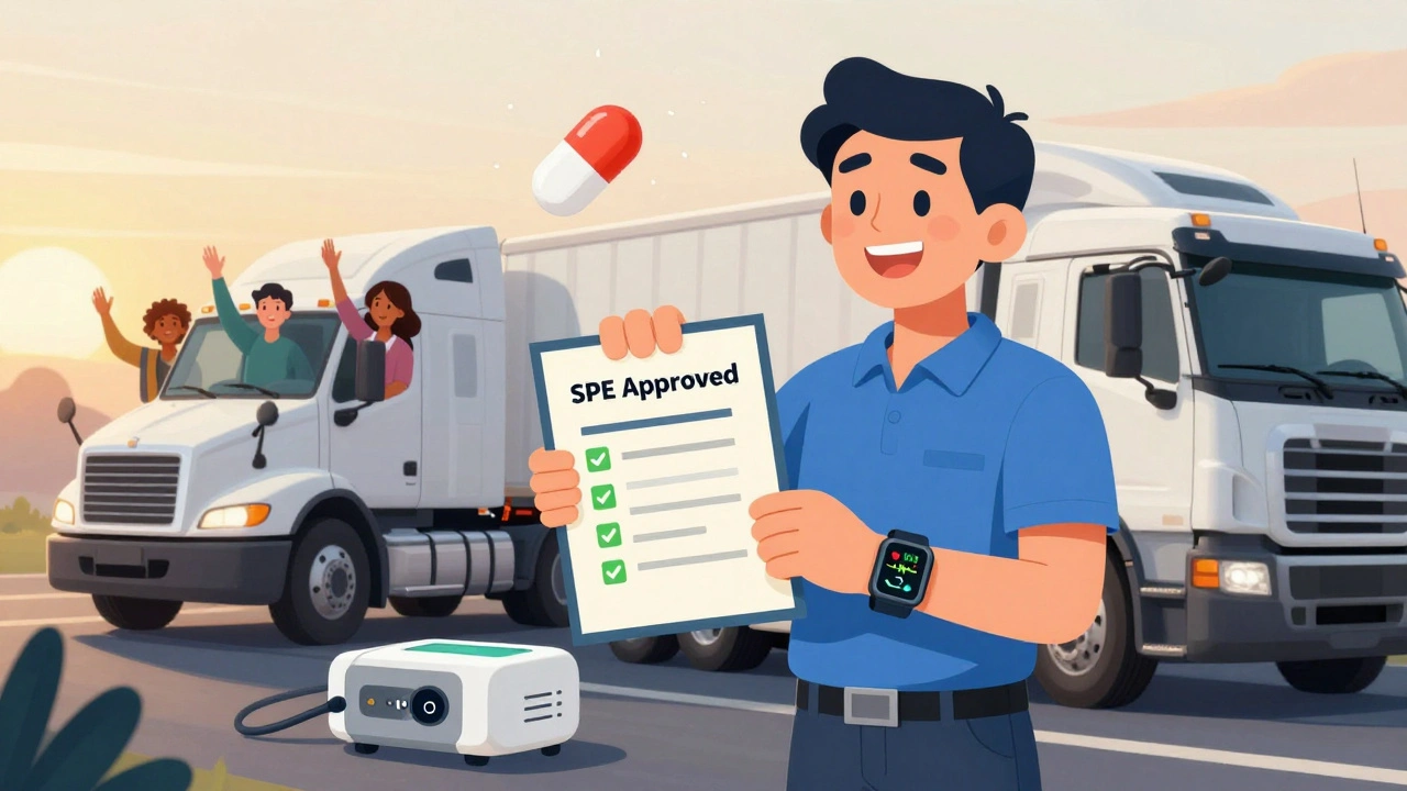Driver holding SPE certificate with health tech and non-disqualifying meds at sunrise.
