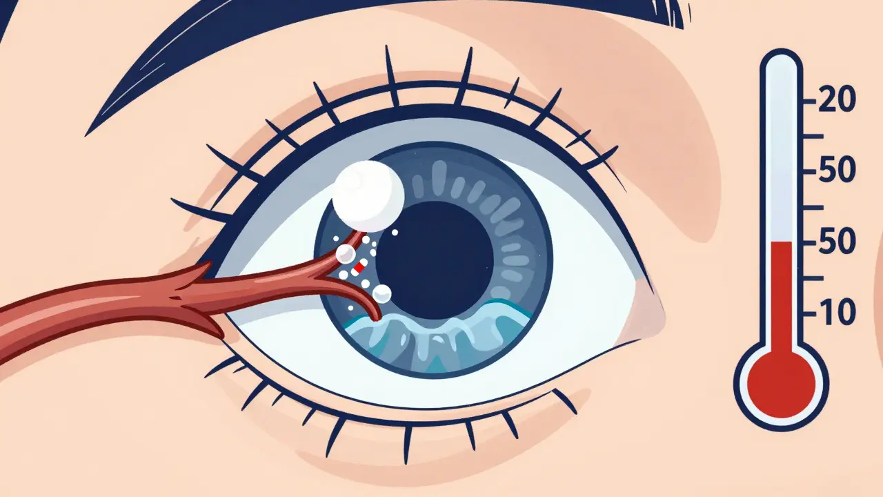 Eye with clogged drainage system and rising pressure damaging the optic nerve.