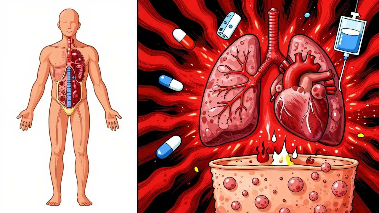 Illustrated human body showing immune system exploding with histamine waves affecting lungs, heart, and skin.