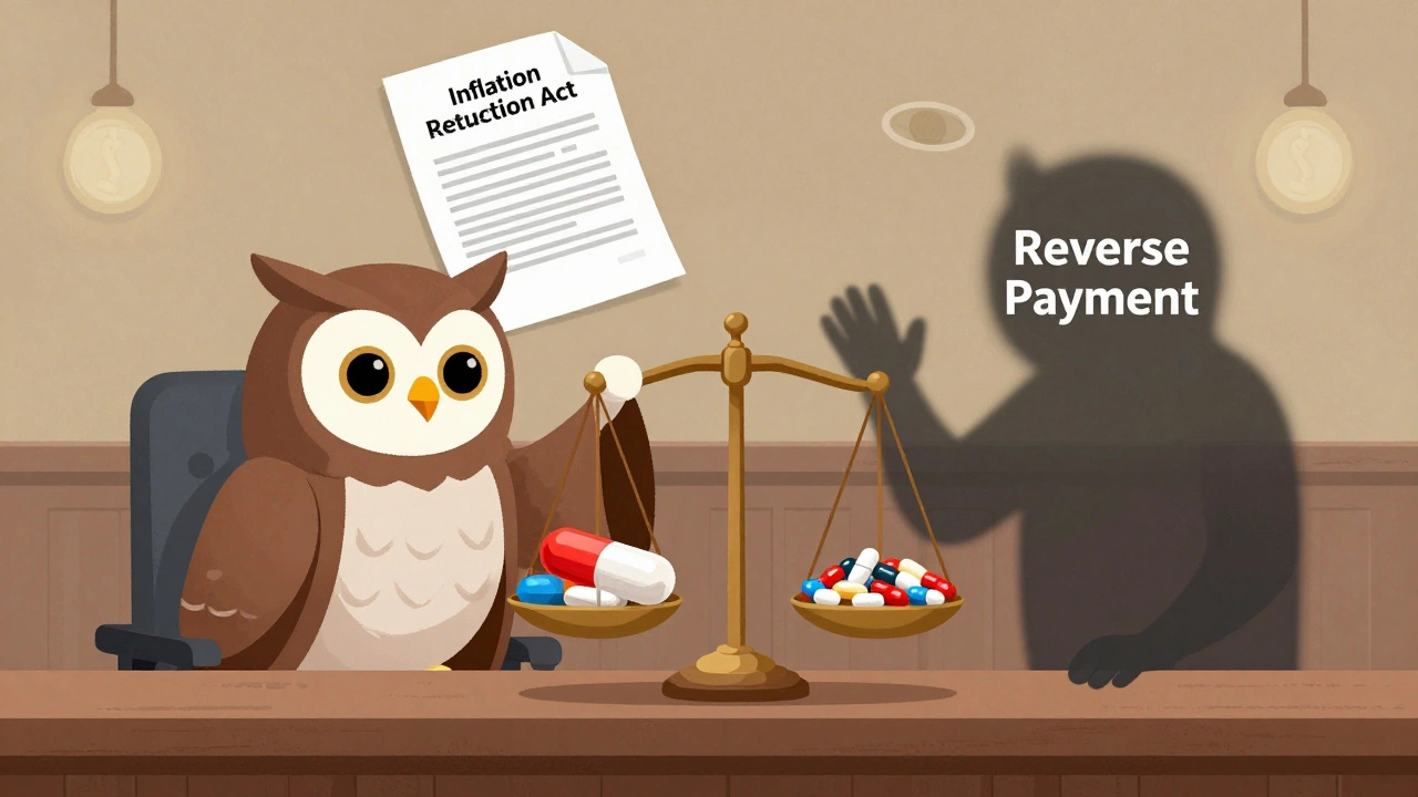 Medicare owl negotiates drug prices using a scale, balancing brand-name and generic pills, with a &#039;Reverse Payment&#039; shadow figure.