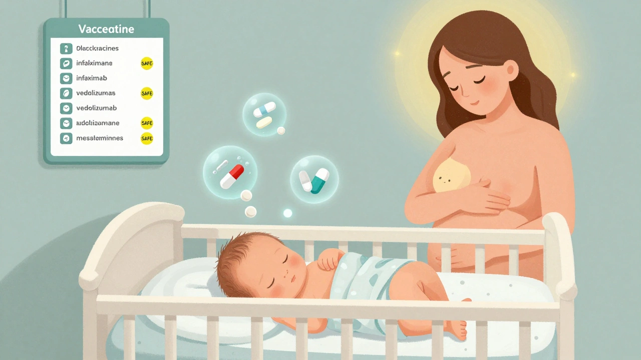 Newborn sleeping with safe medication icons fading away and vaccination chart visible