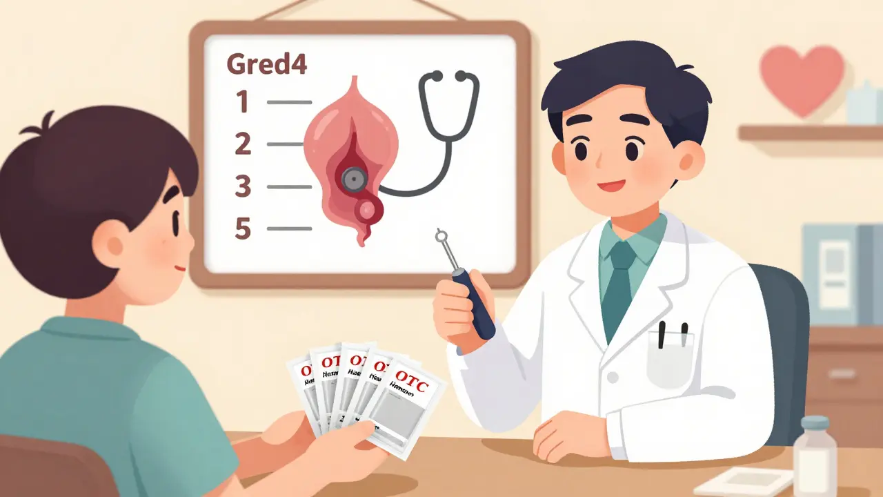 Patient giving empty OTC packages to a doctor, with a chart showing hemorrhoid grades in the background.