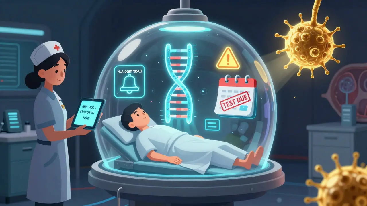 Patient under sterile dome with floating AI alerts and rising neutrophil symbol
