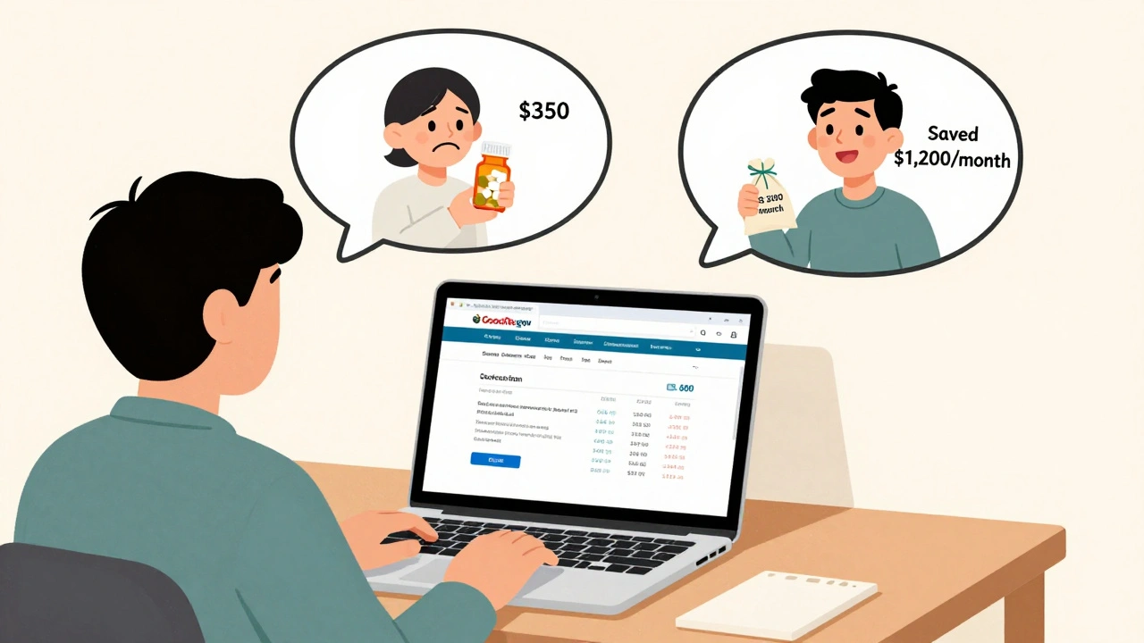 Person comparing drug prices on laptop with Medicare.gov and GoodRx, thought bubble shows savings from 0 to .