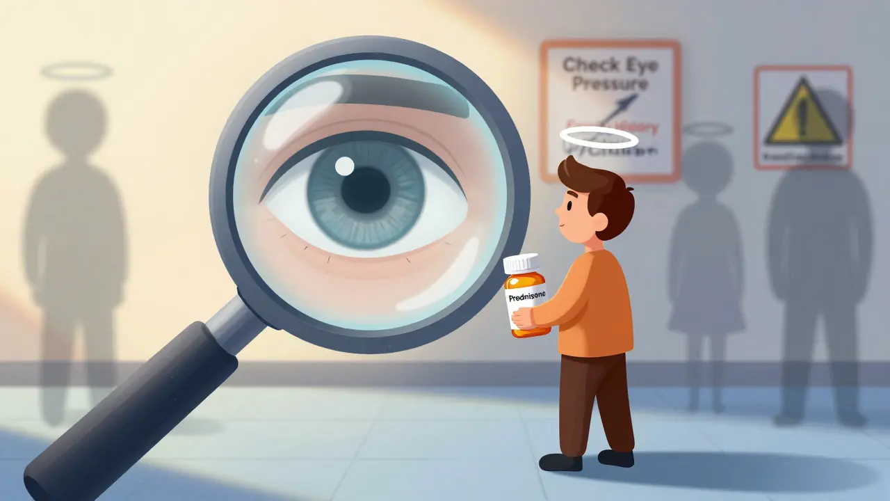 Person holding steroid pill while one eye is clear and the other is clouded with halos.