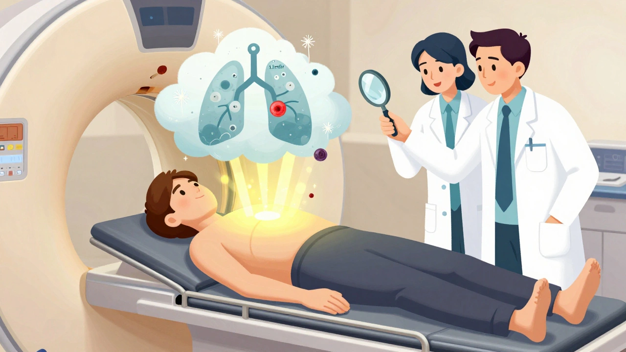 Person in CT scanner with harmless and one small cancerous nodule floating above, calm medical staff nearby.