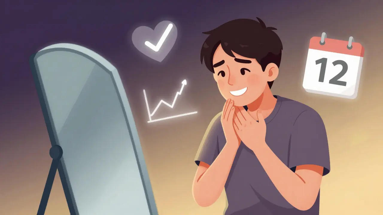 Person smiling in mirror as health benefits float behind them after 12 weeks of treatment.