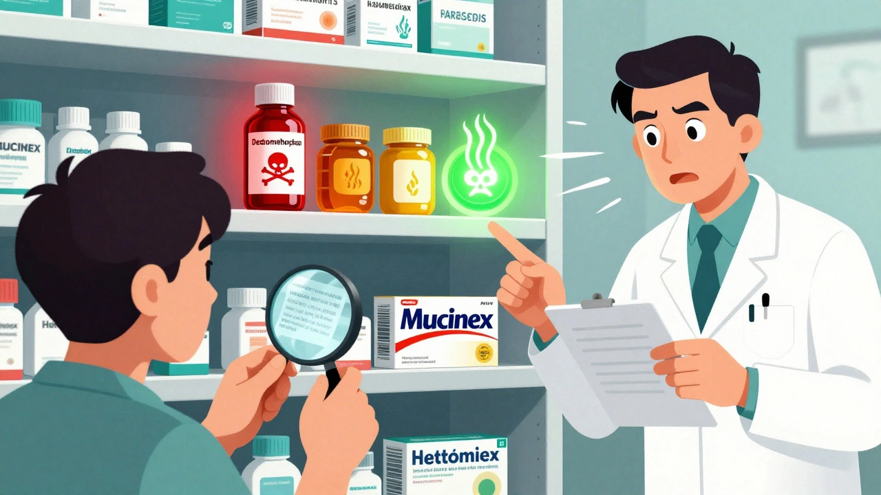 Pharmacy shelf with dangerous cough medicine glowing red beside safe alternatives.