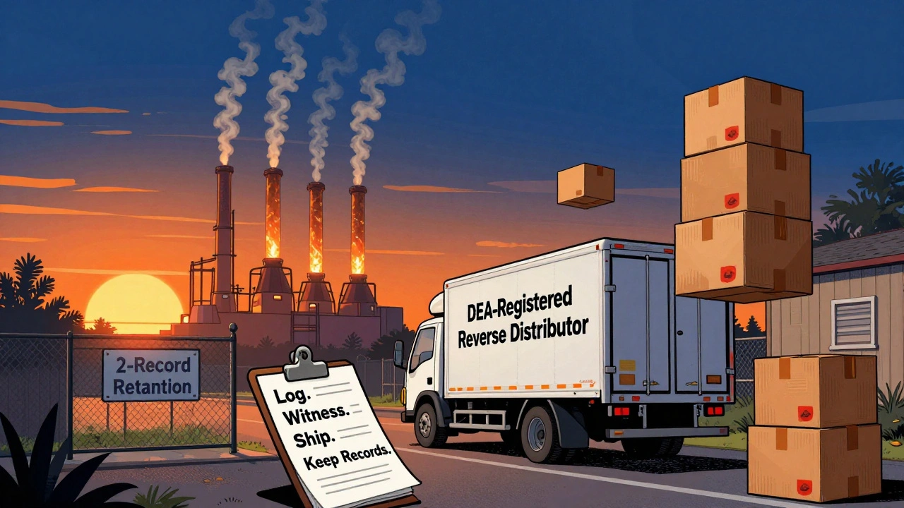 Reverse distributor truck leaves vet clinic as incinerator burns controlled substances in distance, records checklist visible.