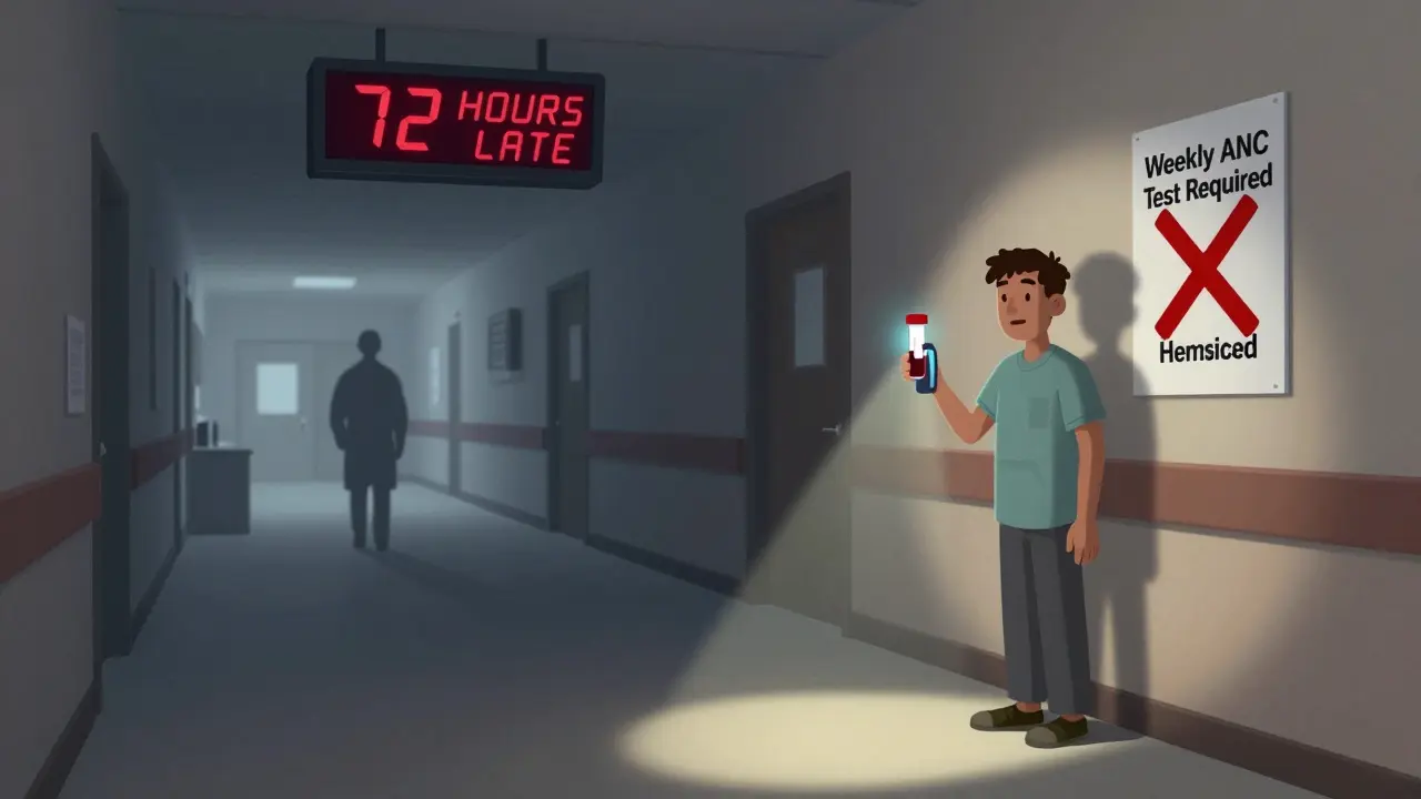 Rural patient holding blood test vial in empty clinic hallway with missed appointment clock
