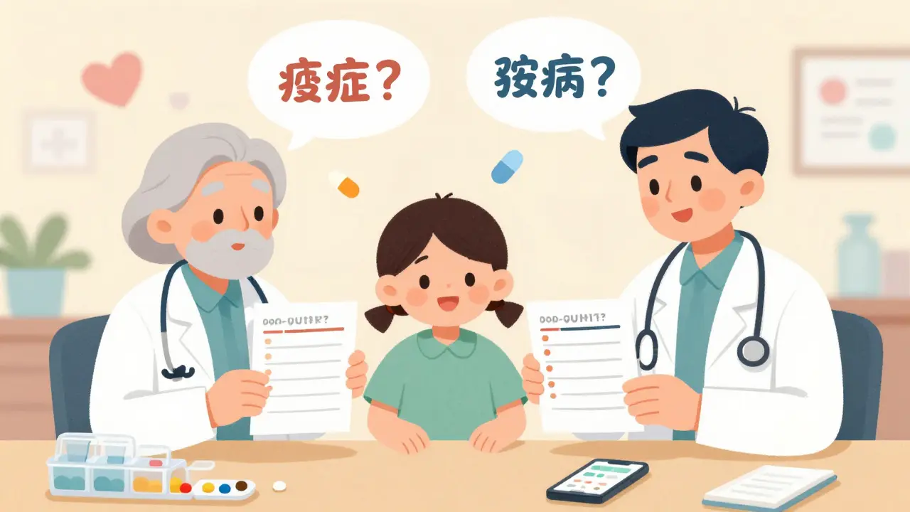 Senior and family member discussing meds with doctor, floating questions visible.