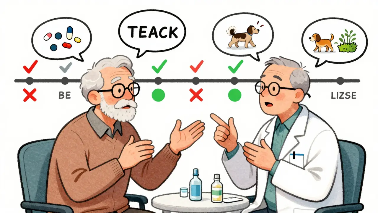 Senior repeating medication instructions to pharmacist, outdated pills crossed out.