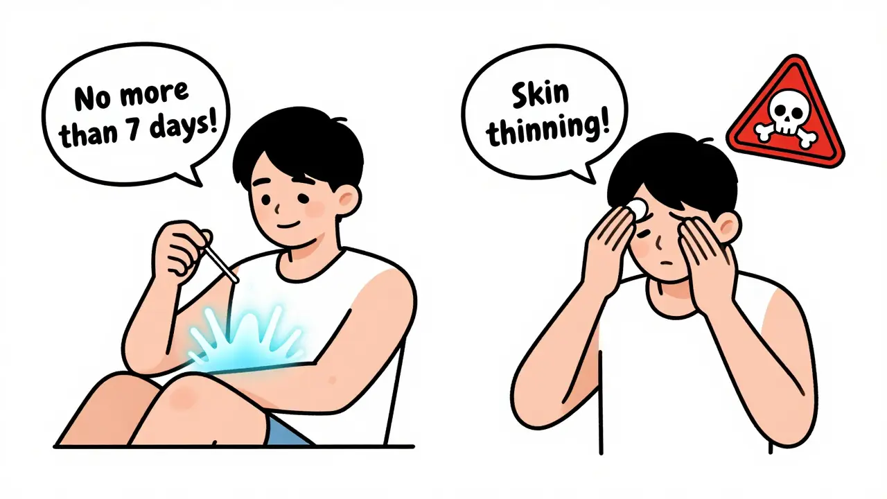 Side-by-side cartoon: one person using suppository correctly, another overusing cream with warning signs.