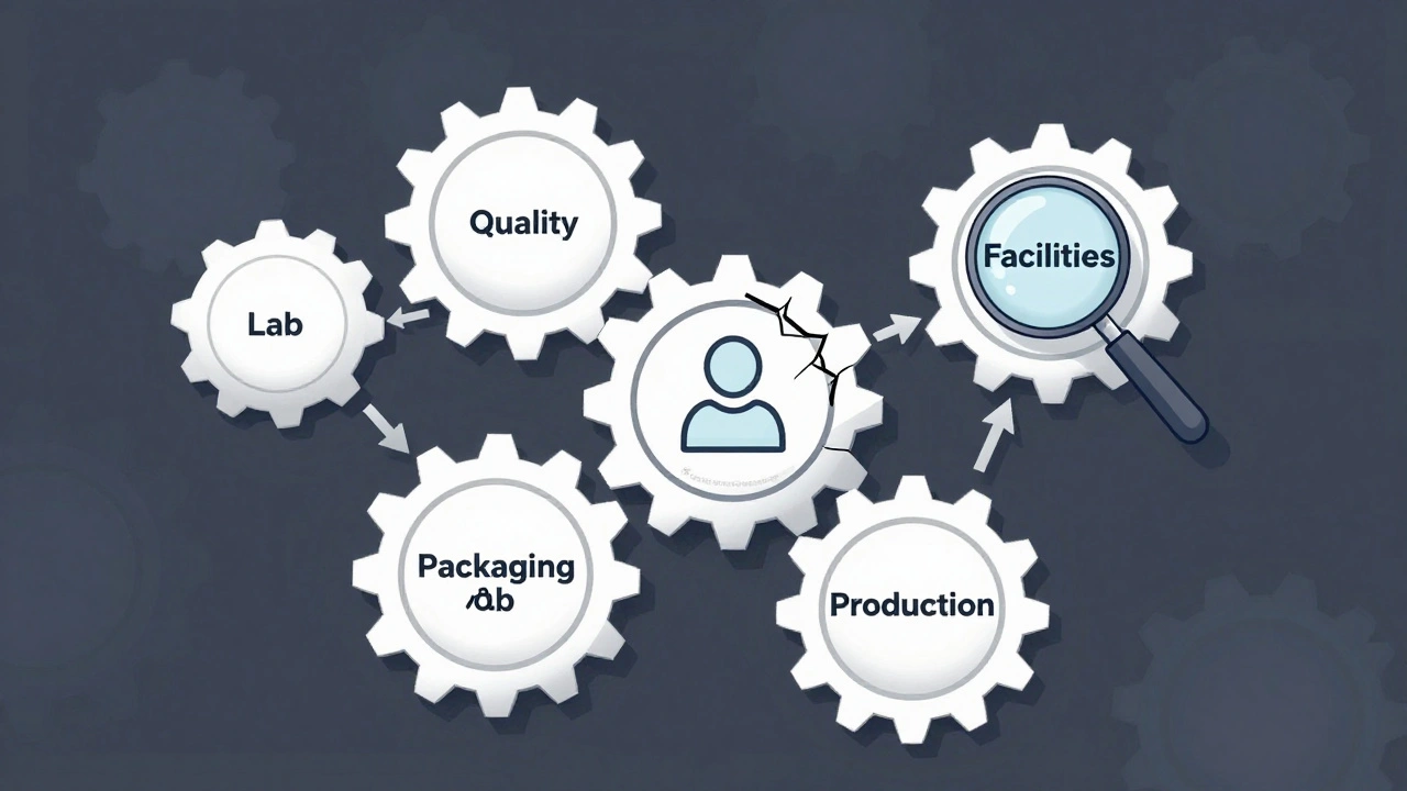 Six interconnected systems gear diagram with Quality system cracked, centered on a patient icon.