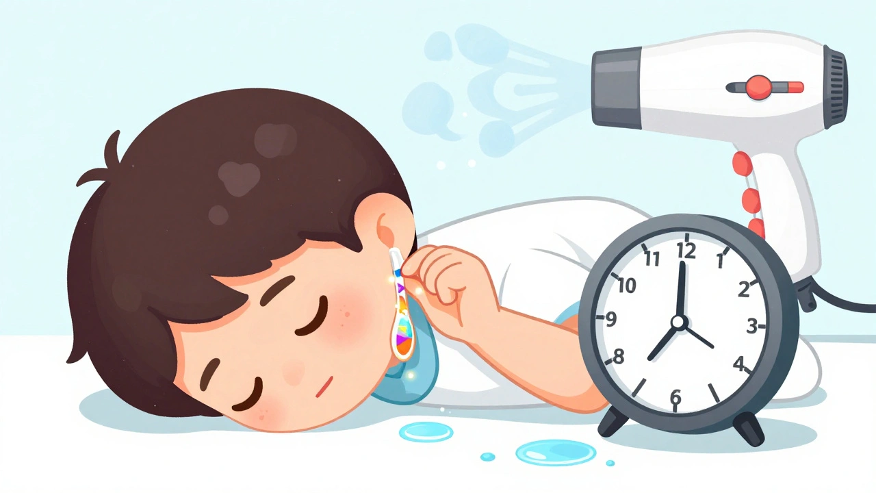 Someone applying ear drops while lying down, with glowing medicine and a timer showing 5 minutes.