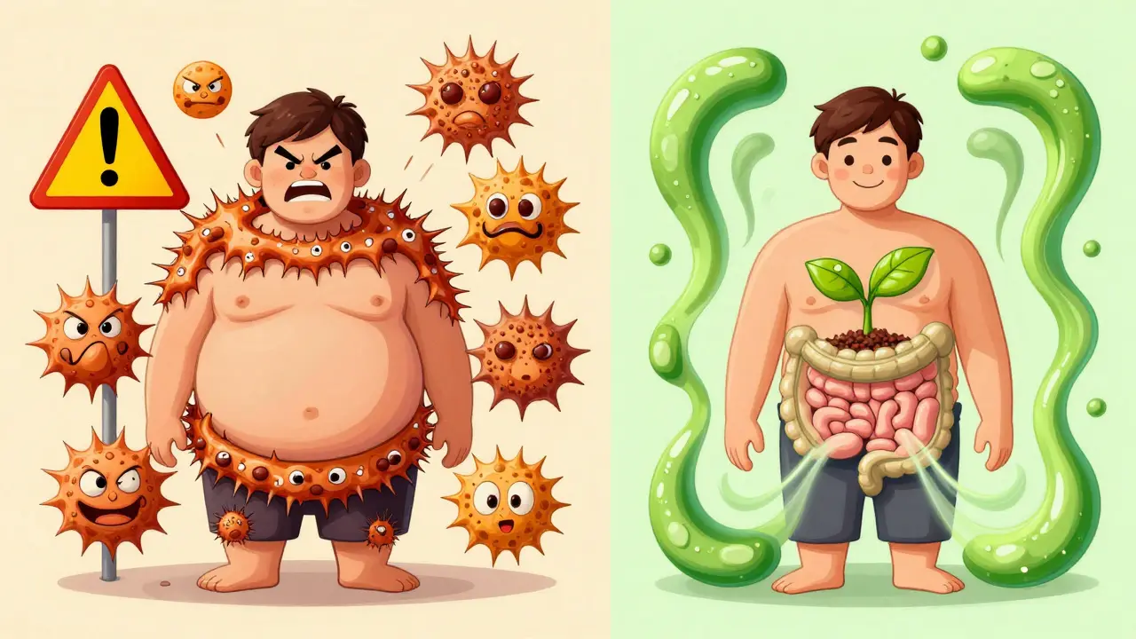 Split cartoon image: one side shows bloating from rough fiber, the other shows healing with smooth soluble fiber and a growing plant.