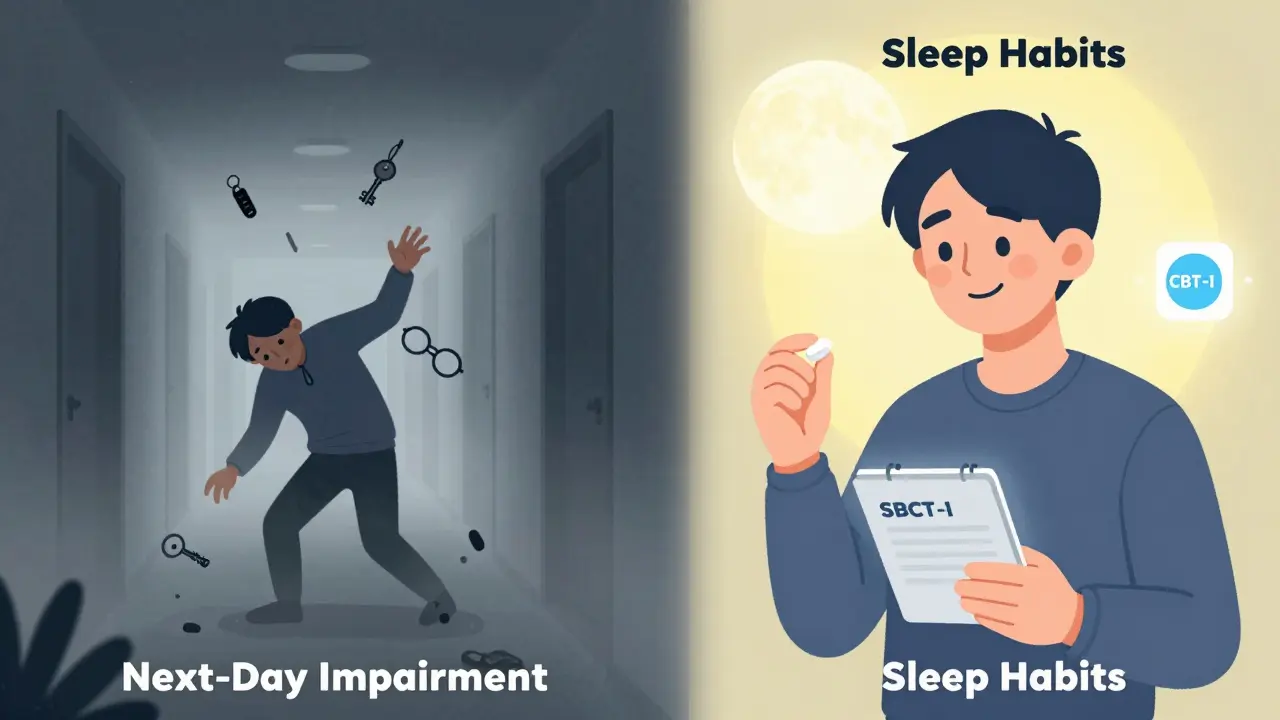 Split image: one side shows a dazed person stumbling, the other shows them calm with melatonin and a sleep journal.