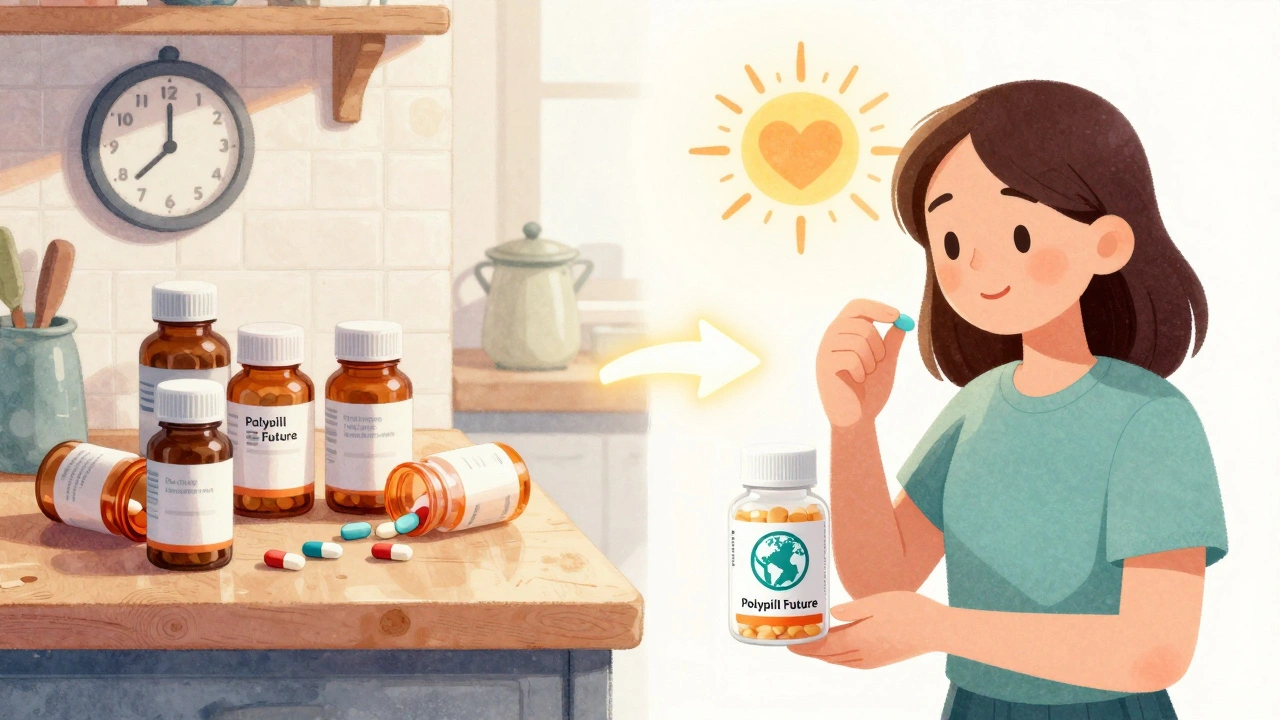 Split scene: chaotic pill clutter vs. calm single-pill routine, representing reduced medication burden.