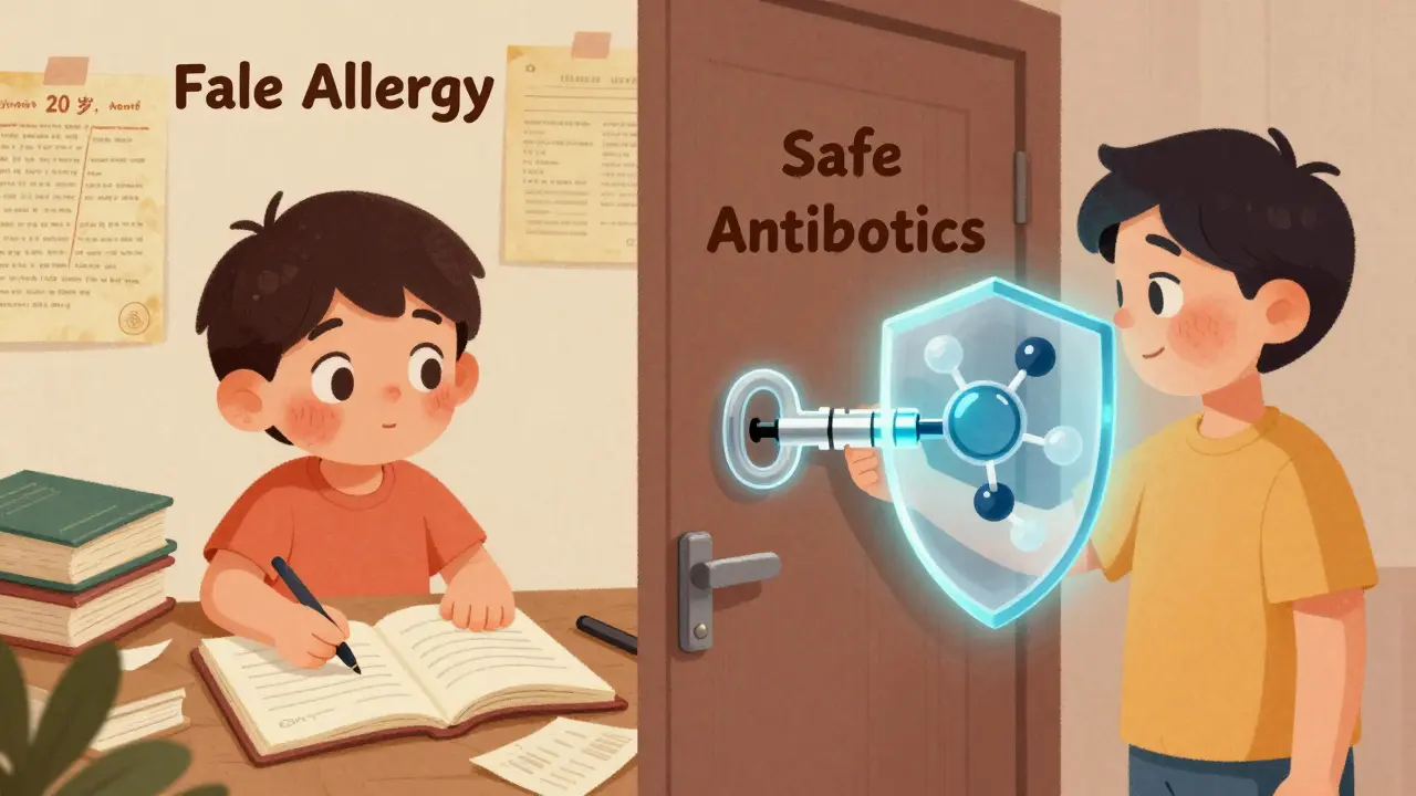 Split scene: childhood rash vs adult safely receiving cephalosporin with molecular key