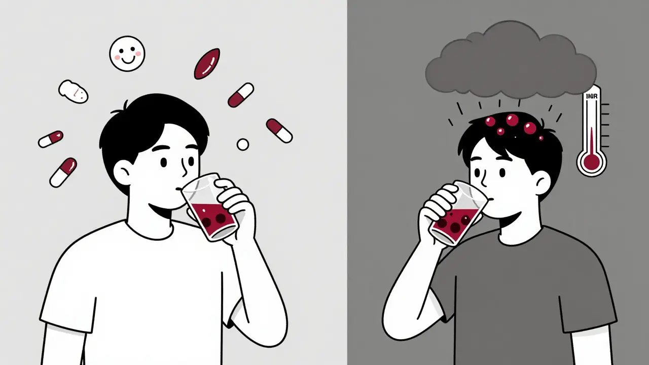 Split scene: one side shows safe cranberry juice with medications, the other shows risky supplements with a rising INR meter.