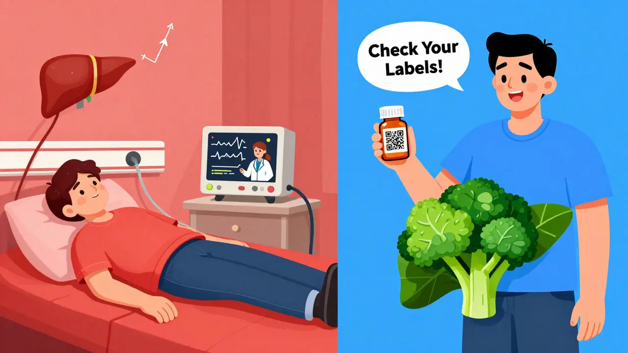 Split scene: person collapsing vs. safe QR-code pill bottle projecting safety advice.