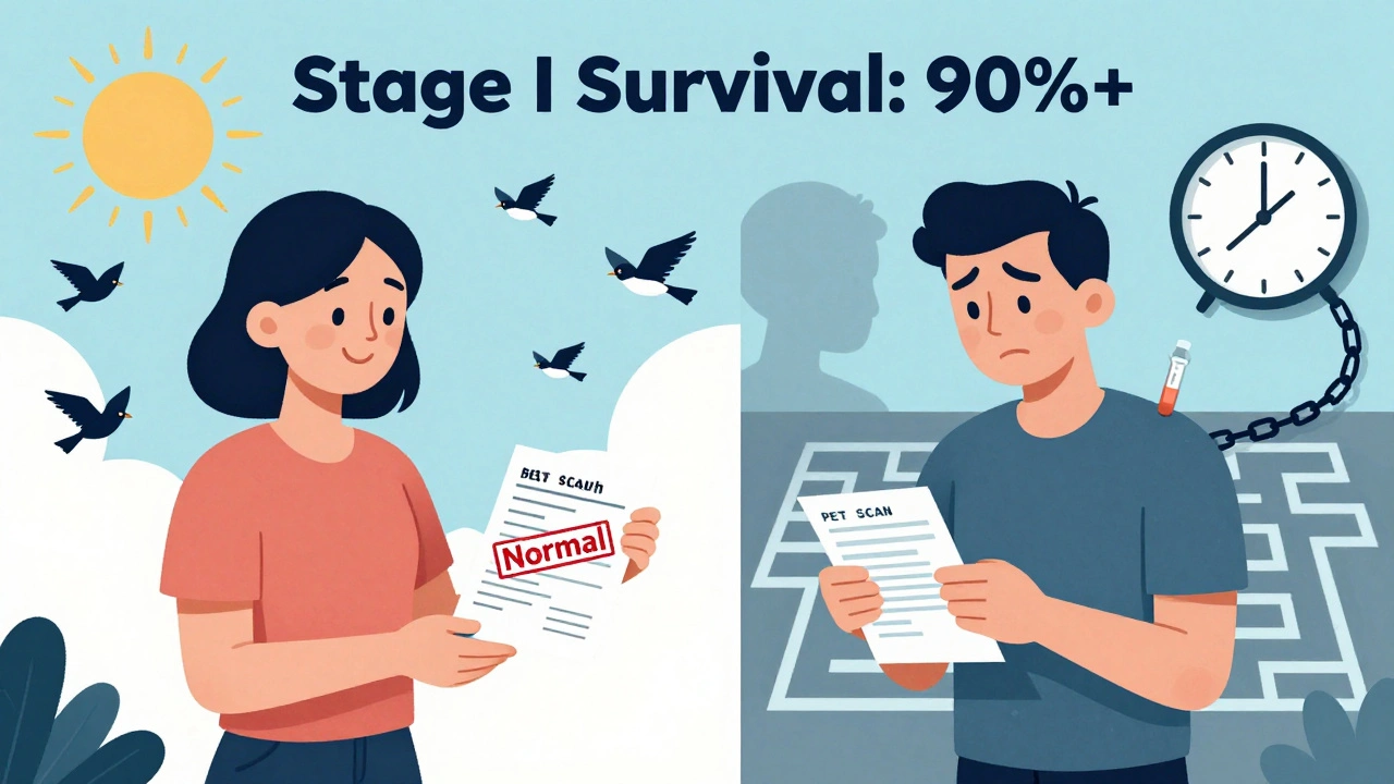 Split scene: woman celebrating normal scan vs. man anxious about follow-up, with survival rate highlighted.