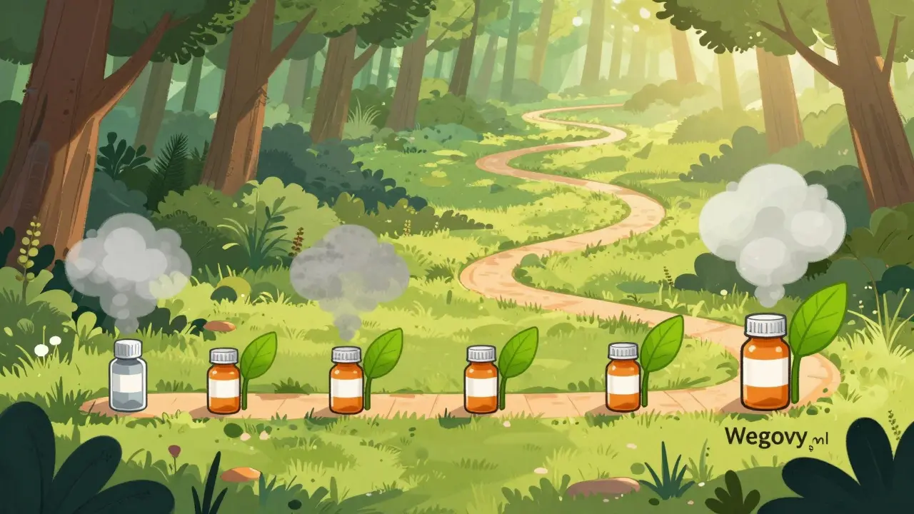 Timeline path showing GLP-1 dose increases with nausea clouds clearing into sunlight.