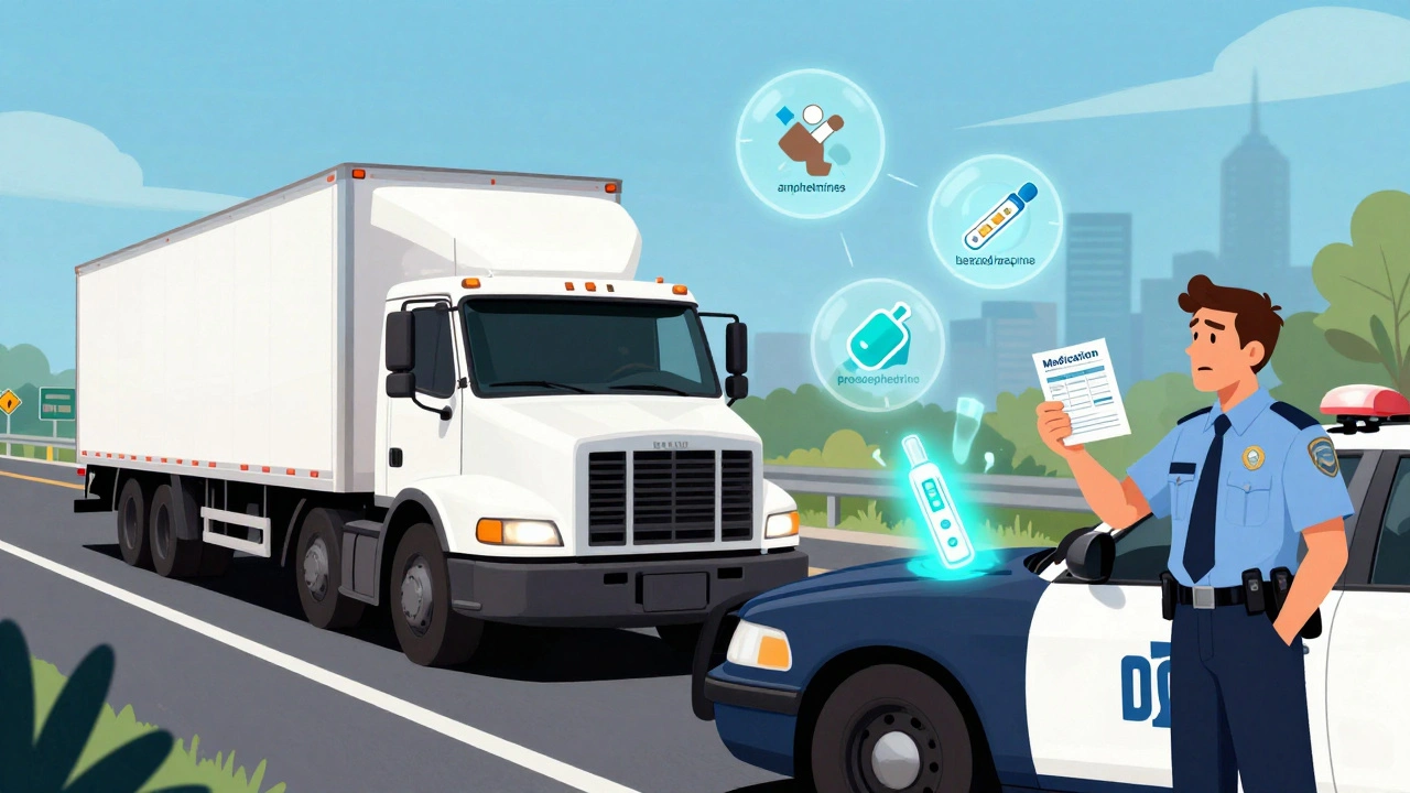 Trucker pulled over with banned drug icons floating around truck during roadside inspection.