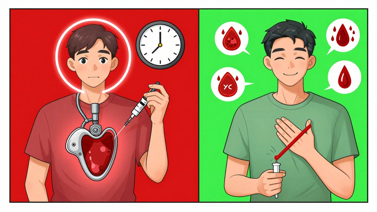 Two patients compared: one needing blood thinner injections and one safely pausing pills without injections.