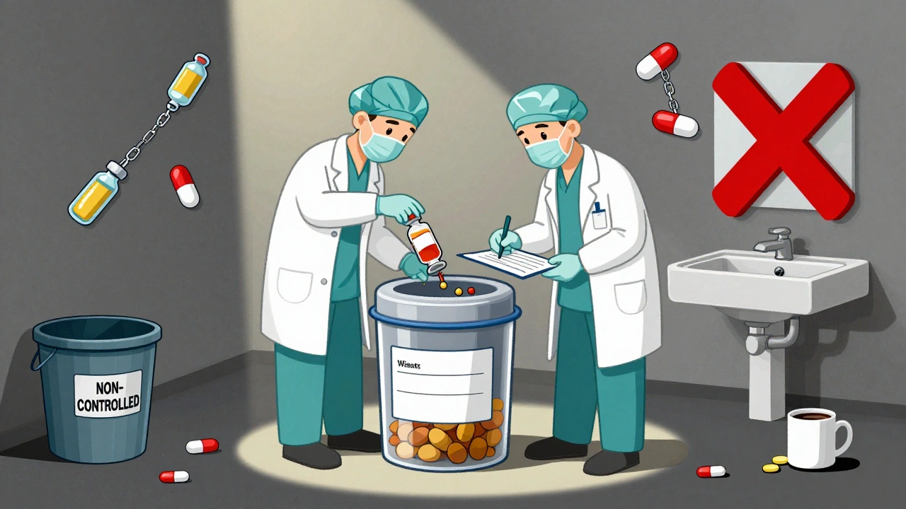 Two staff members witness destruction of narcotics in a sharps container, sink and coffee mug marked with red X.