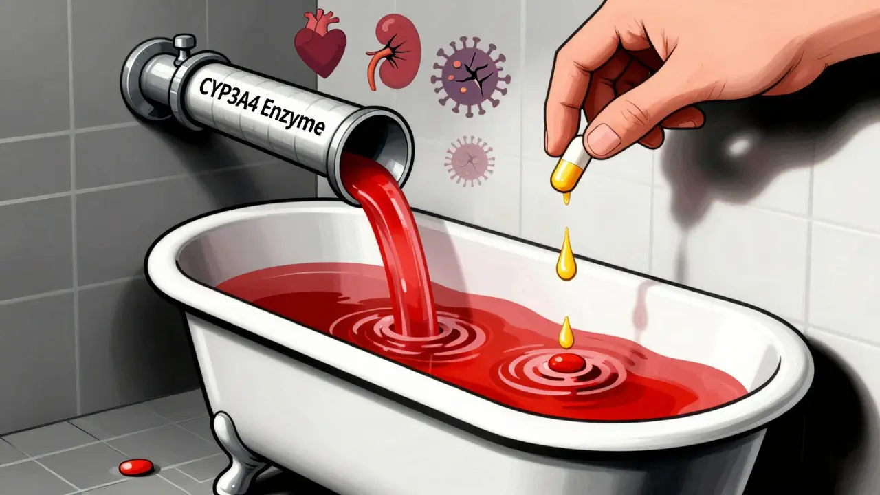 A bathtub draining medication through a giant pipe labeled with enzymes, with warning icons floating above.