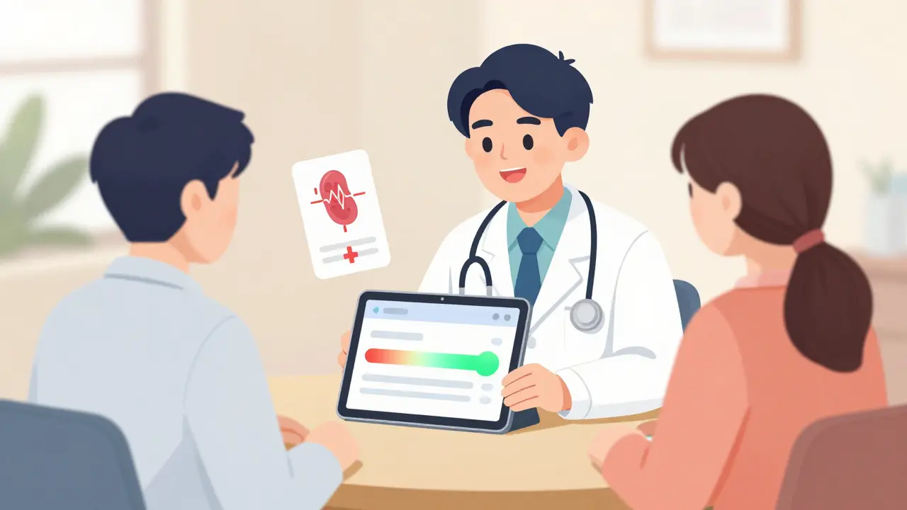 A doctor and patient reviewing a personalized taper plan on a digital tablet with a progress bar.