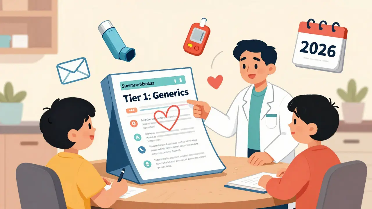 A family reviewing health plan details with a pharmacist, highlighting generic drug benefits.