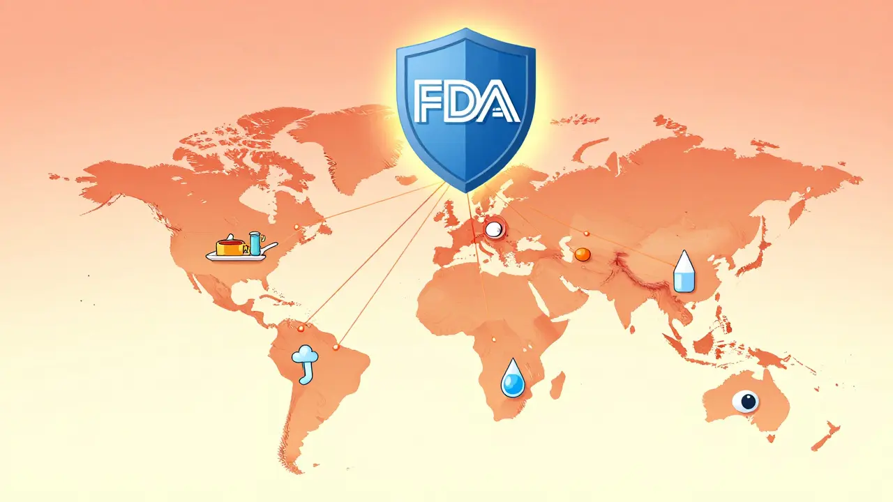 A global map made of pills connected by testing icons, held together by an FDA shield.