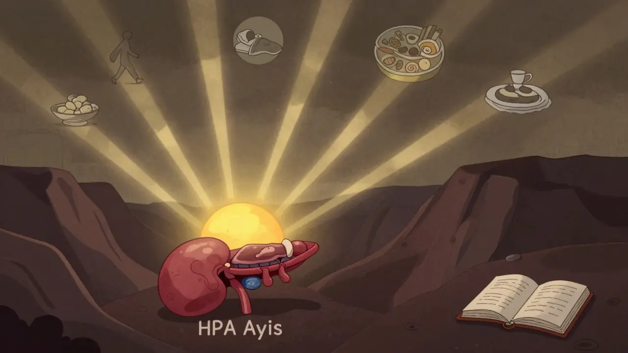 A glowing adrenal gland rising like a sun, supported by icons of sleep, food, and movement.