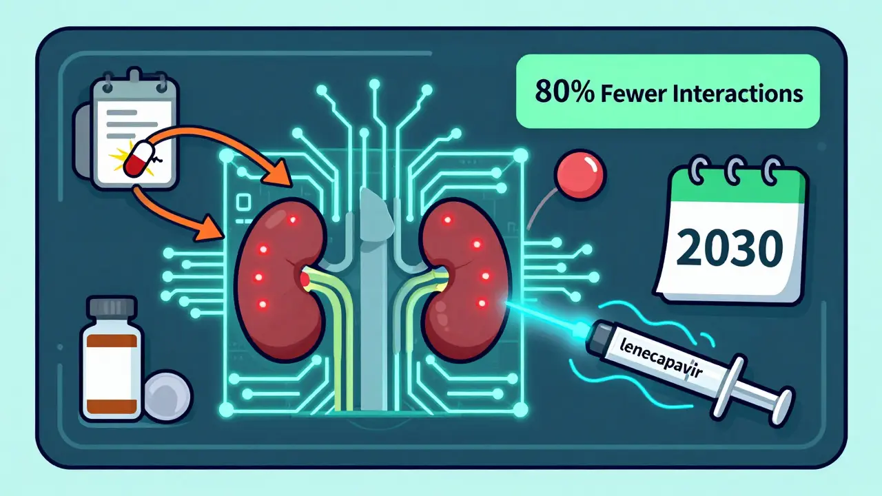 A glowing human body with warning lights from drug interactions, neutralized by a futuristic HIV injection in cartoon style.