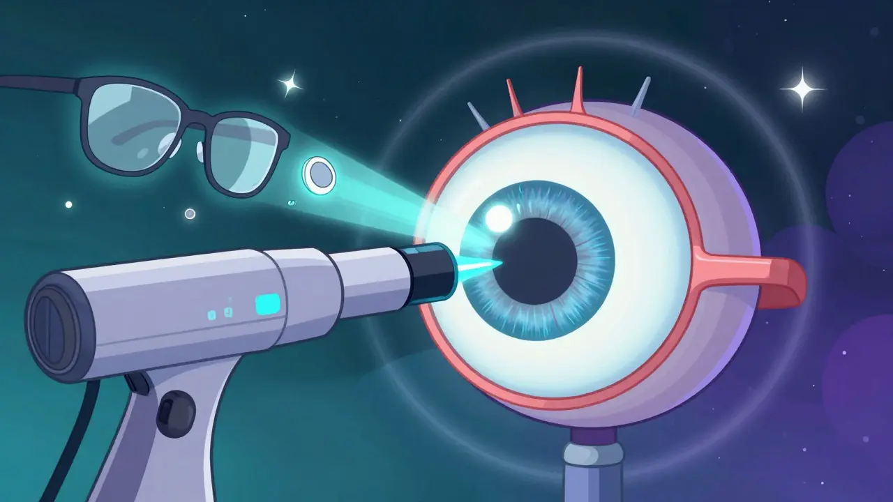 A laser reshaping a football-shaped cornea into a perfect sphere during LASIK surgery.