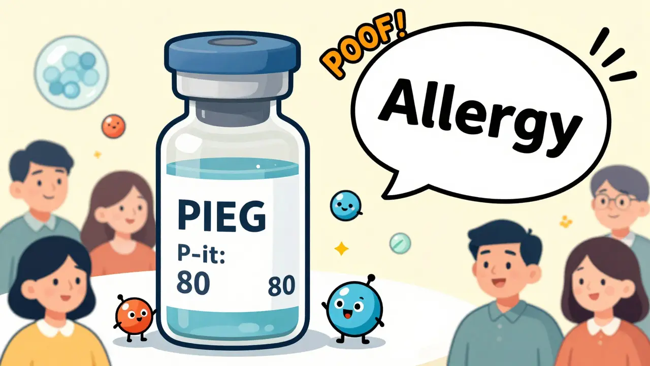 A magnified vaccine vial with friendly ingredient characters and a popped egg allergy myth bubble.