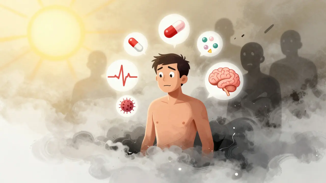 A patient emerging from darkness into recovery, surrounded by symbols of treatment and healing.