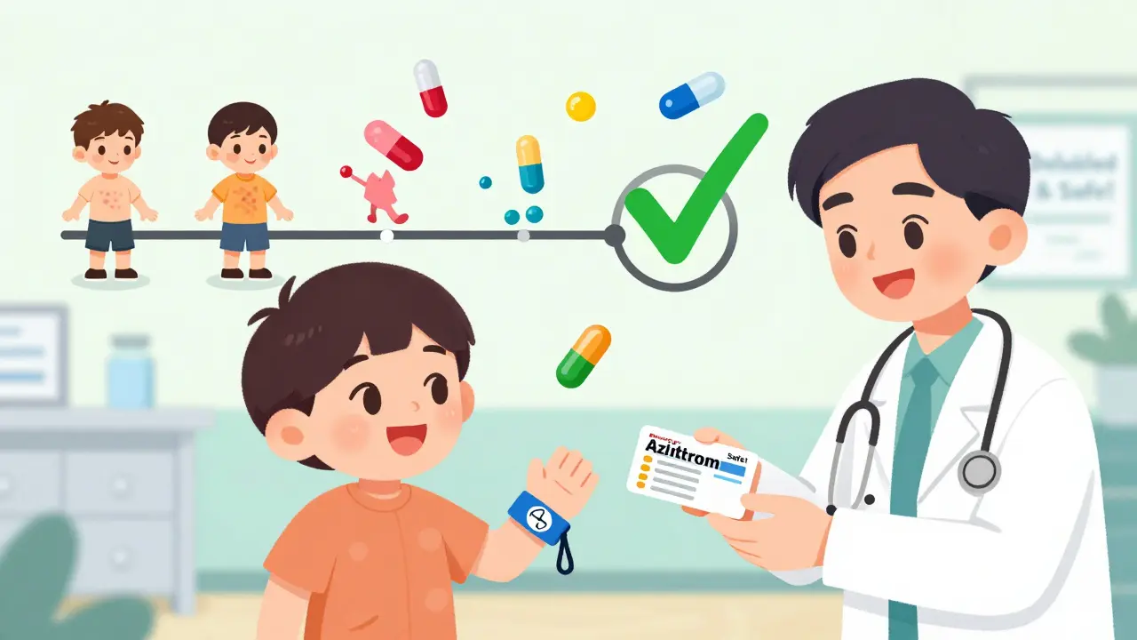 A patient smiling while holding a penicillin alert bracelet and receiving a safe antibiotic prescription from their doctor.