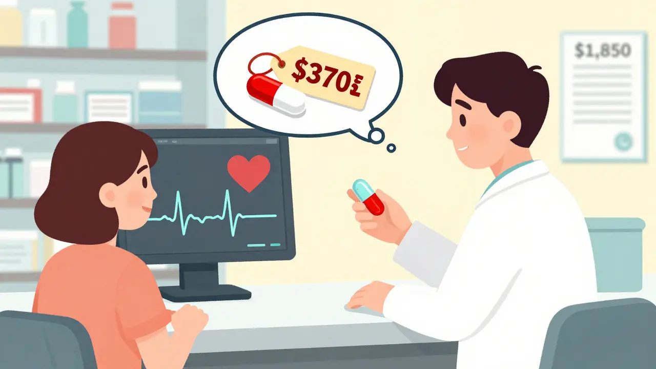 A pharmacist hands a new generic pill to a patient whose thought bubble shows the old pill, with cost and risk icons floating nearby.