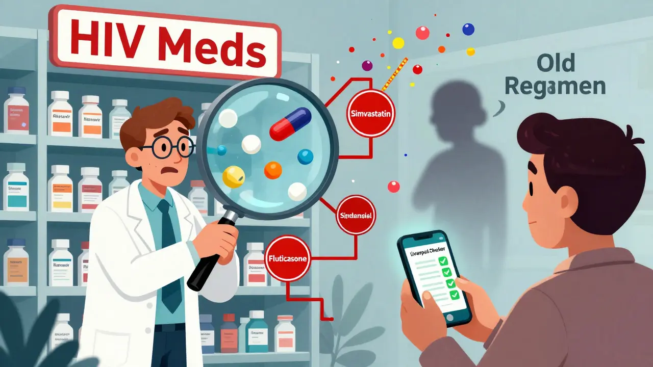 A pharmacist using a magnifying glass to reveal dangerous drug interactions on a pharmacy shelf, with a safety app glowing green.