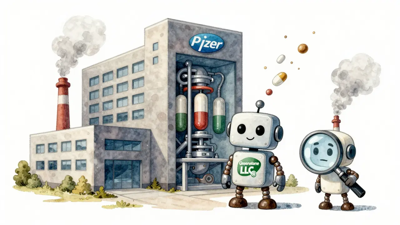 A robot made of pills representing Greenstone LLC beside a Pfizer building with matching machinery.