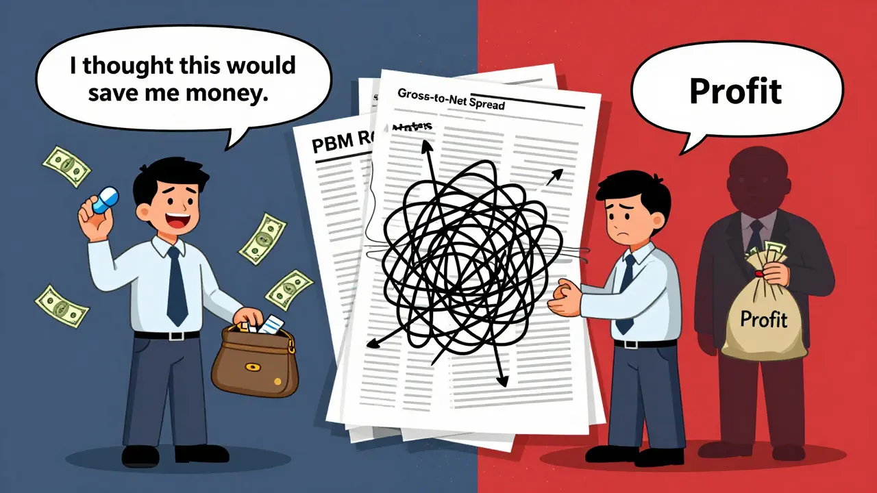 A split scene showing the contrast between savings from generics and hidden PBM profits.