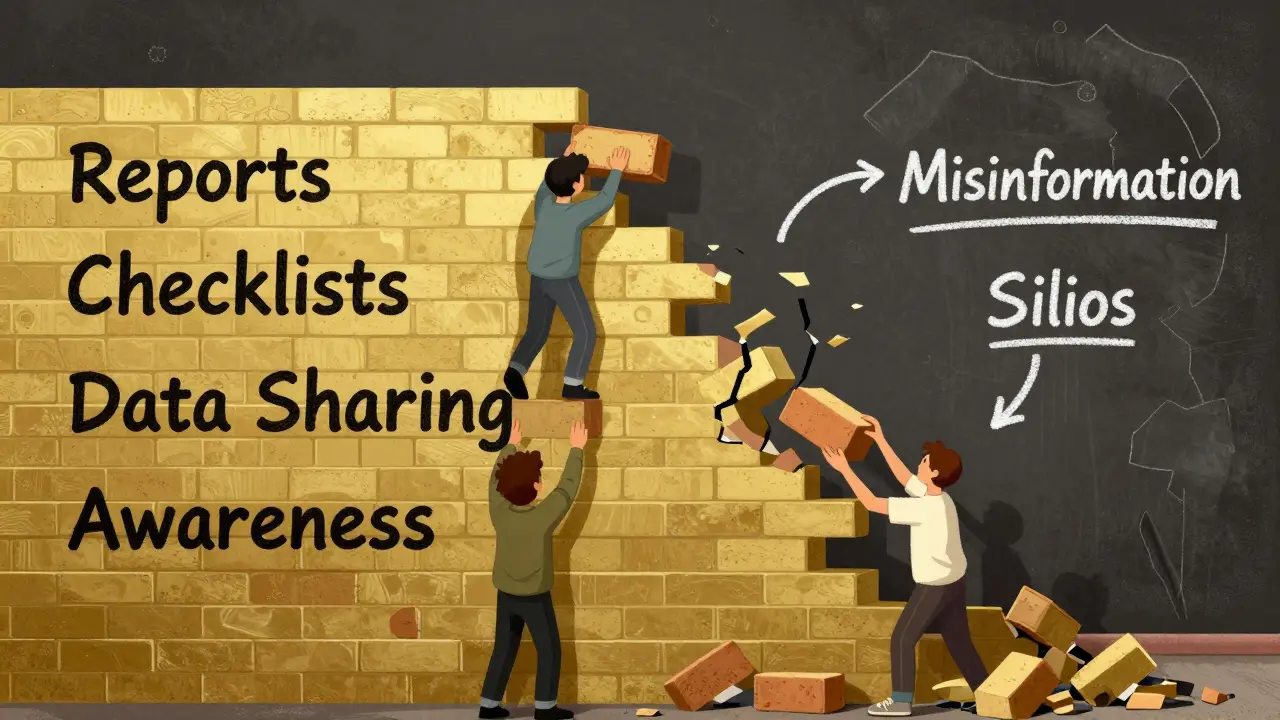 A wall of safety bricks being built by people, opposing a crumbling wall of misinformation.