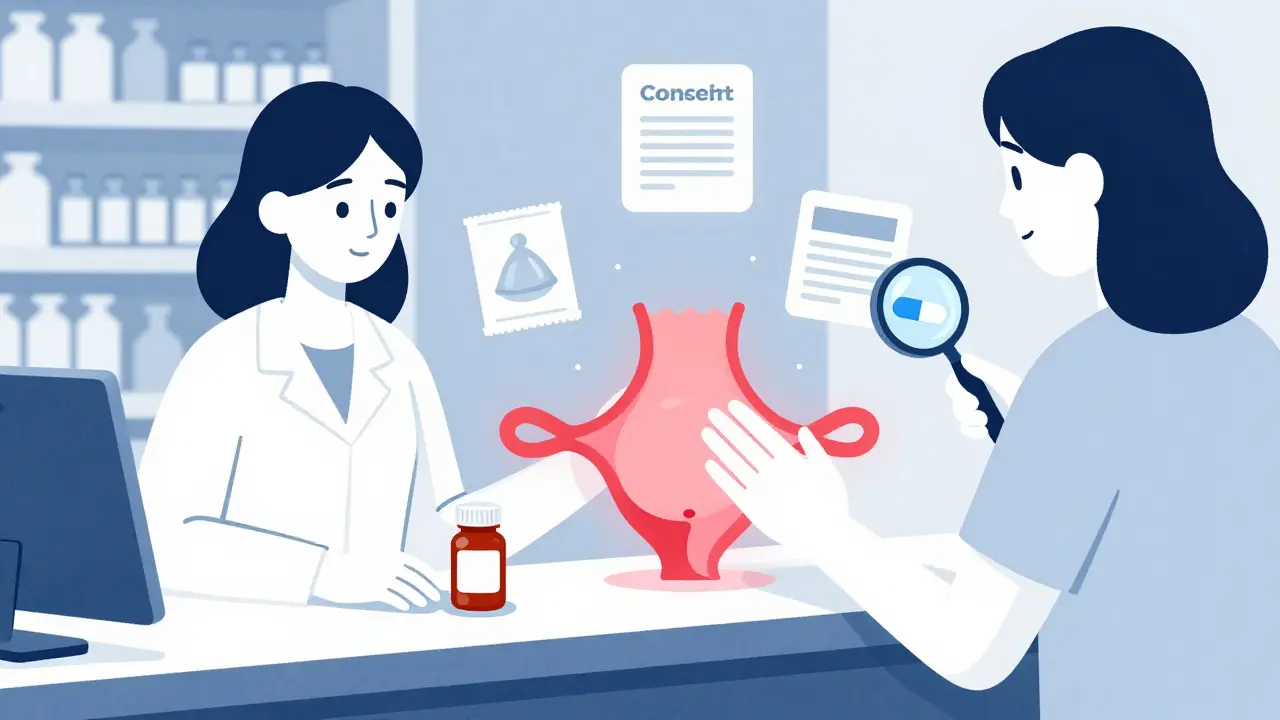 A woman's hand is halted by a womb-shaped barrier as pregnancy safety icons float around her.