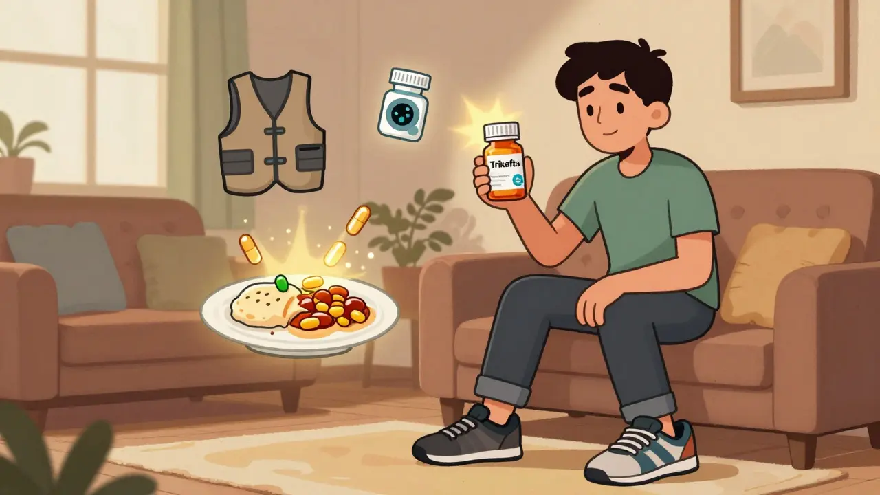 A young adult holding Trikafta with shrinking treatment tools and a running shoe nearby, symbolizing improved life.