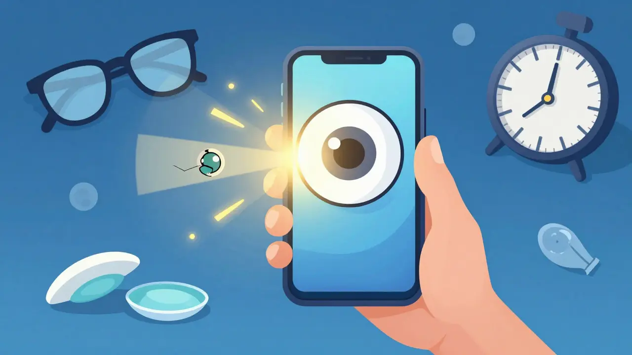 An adult holding a phone far away as light focuses behind the retina, representing hyperopia.