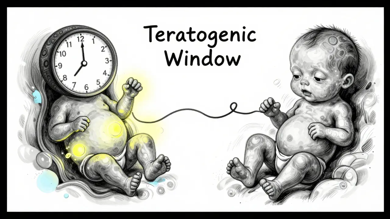An embryo's developing limbs dissolve within a 15-day window, shown in medical illustration style.
