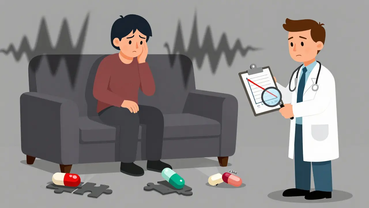 An epilepsy patient surrounded by seizure waves as different generic pills roll away, with a blood test graph showing a drop.